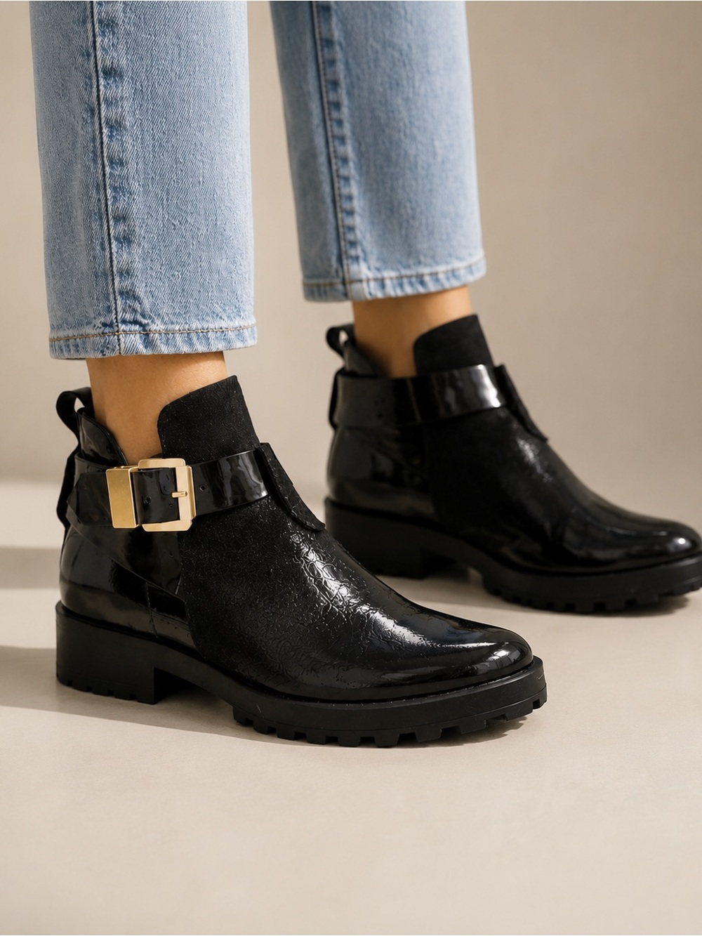 Miista Alexus Black Patent Leather Ankle Boots- Gold Buckle Chunky Lug Sole 37
